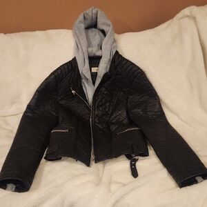 Wildflowers Black Quilted Faux-Leather Jacket with Gray Detachable Hood